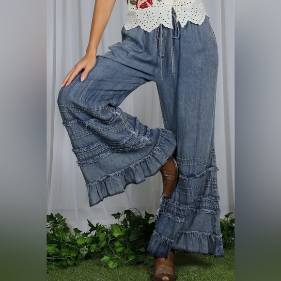 Dark wash ruffled western boho palazzo wide leg chambray denim pant jeans - Picture 2 of 9